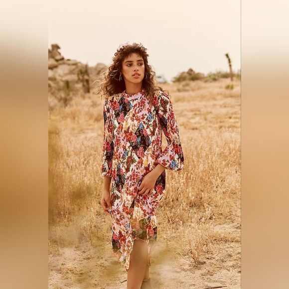 Anthropologie Mauve Shara Floral Patchwork Pleated Midi Dress Size Extra Small - Picture 1 of 10